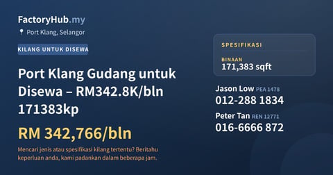 Kilang Untuk Disewa - Port Klang Gudang untuk Disewa – RM342.8K/bln 171383kp - Port Klang, Selangor