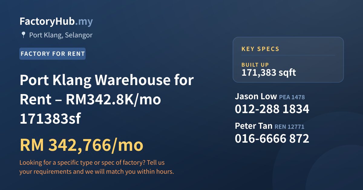 Factory For Rent - Port Klang Warehouse for Rent – RM342.8K/mo 171383sf - Port Klang, Selangor