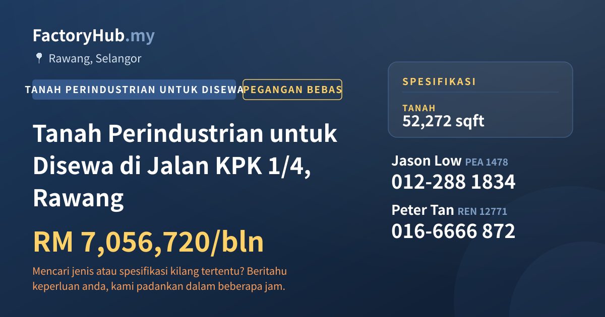 Tanah Untuk Disewa - Tanah Perindustrian untuk Disewa di Jalan KPK 1/4, Rawang - Rawang, Selangor