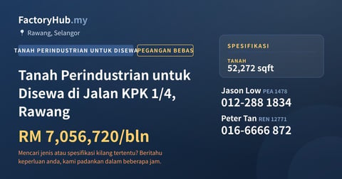 Tanah Untuk Disewa - Tanah Perindustrian untuk Disewa di Jalan KPK 1/4, Rawang - Rawang, Selangor