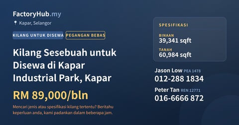 Kilang Untuk Disewa - Kilang Sesebuah untuk Disewa di Kapar Industrial Park, Kapar - Kapar, Selangor