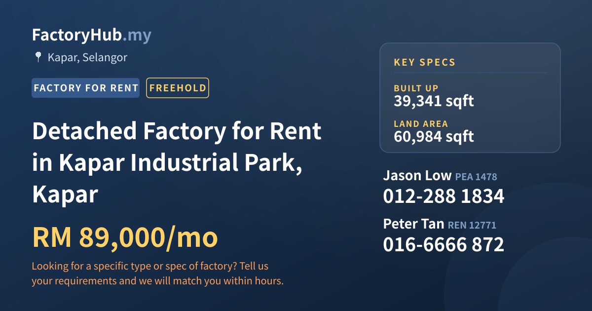 Factory For Rent - Detached Factory for Rent in Kapar Industrial Park, Kapar - Kapar, Selangor