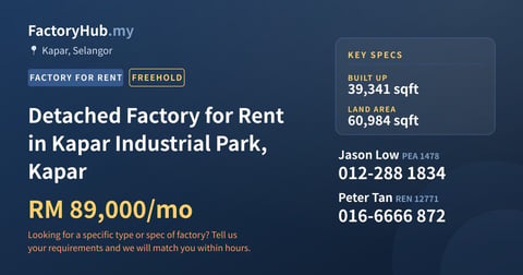Factory For Rent - Detached Factory for Rent in Kapar Industrial Park, Kapar - Kapar, Selangor