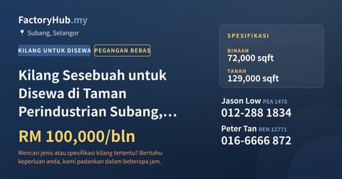 Kilang Untuk Disewa - Kilang Sesebuah untuk Disewa di Taman Perindustrian Subang, Subang Jaya - Subang, Selangor