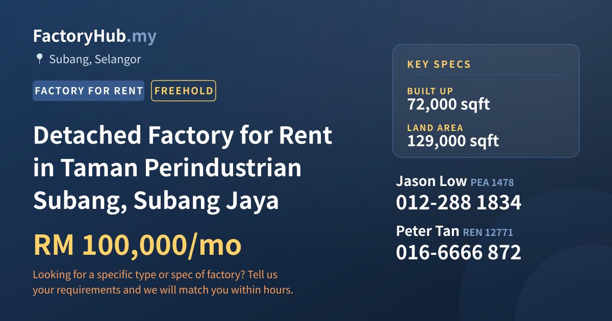 Factory For Rent - Detached Factory for Rent in Taman Perindustrian Subang, Subang Jaya - Subang, Selangor