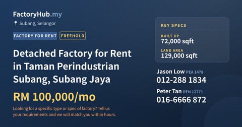 Factory For Rent - Detached Factory for Rent in Taman Perindustrian Subang, Subang Jaya - Subang, Selangor