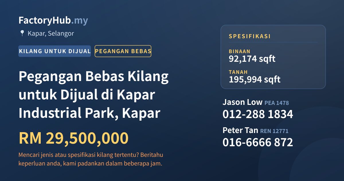 Kilang Untuk Dijual - Pegangan Bebas Kilang untuk Dijual di Kapar Industrial Park, Kapar - Kapar, Selangor