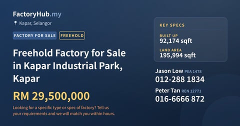 Factory For Sale - Freehold Factory for Sale in Kapar Industrial Park, Kapar - Kapar, Selangor