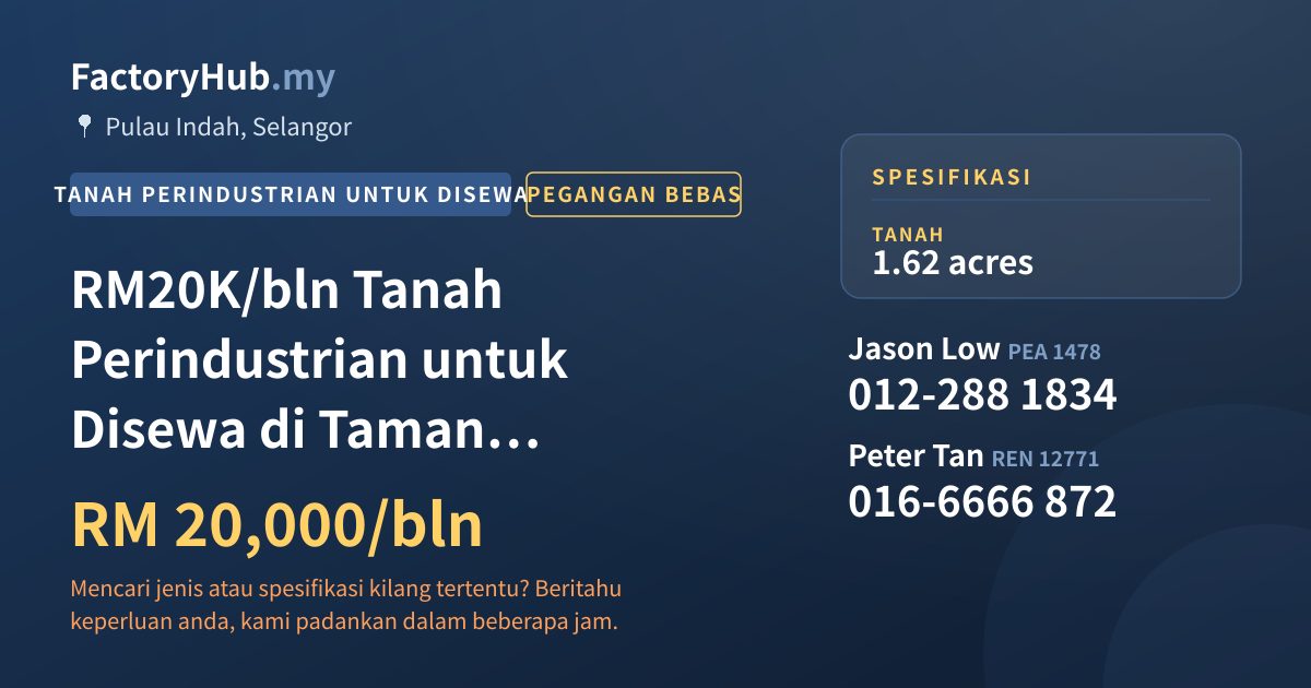 Tanah Untuk Disewa - RM20K/bln Tanah Perindustrian untuk Disewa di Taman Perindustrian Pulau Indah – 1.62 ekar - Pulau Indah, Selangor
