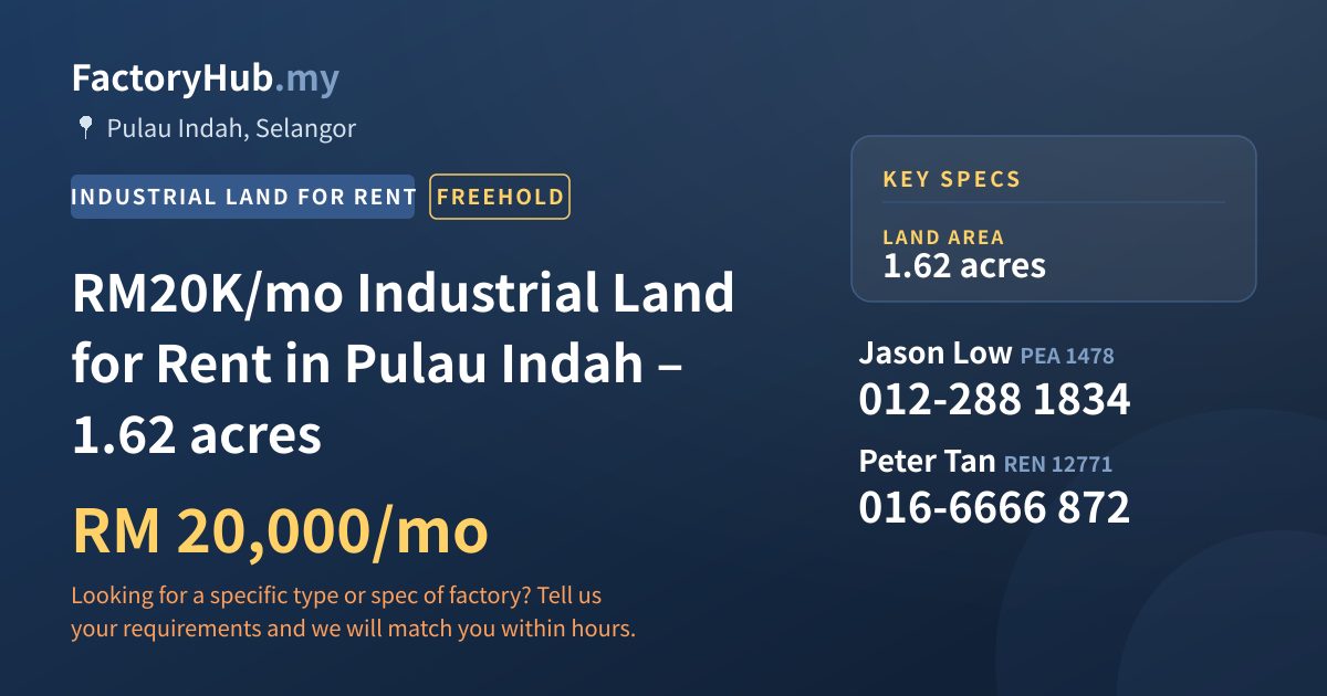 Land For Rent - RM20K/mo Industrial Land for Rent in Pulau Indah – 1.62 acres - Pulau Indah, Selangor
