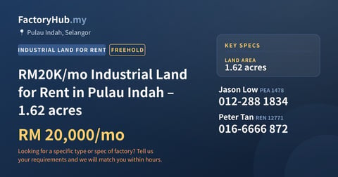 Land For Rent - RM20K/mo Industrial Land for Rent in Pulau Indah – 1.62 acres - Pulau Indah, Selangor