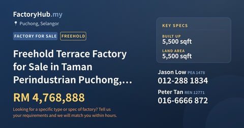Factory For Sale - Freehold Terrace Factory for Sale in Taman Perindustrian Puchong, Puchong - Puchong, Selangor