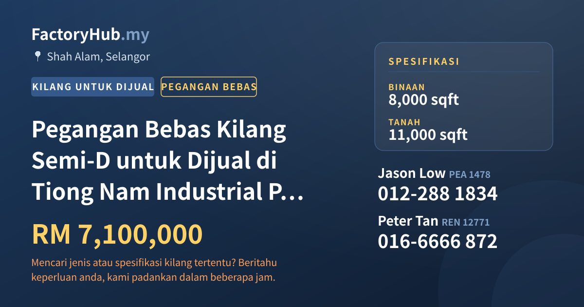 Kilang Untuk Dijual - Pegangan Bebas Kilang Semi-D untuk Dijual di Tiong Nam Industrial Park 2, Shah Alam - Shah Alam, Selangor