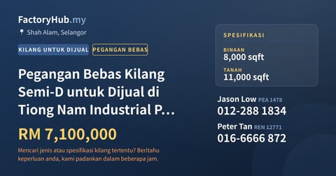 Kilang Untuk Dijual - Pegangan Bebas Kilang Semi-D untuk Dijual di Tiong Nam Industrial Park 2, Shah Alam - Shah Alam, Selangor