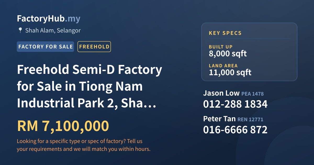 Factory For Sale - Freehold Semi-D Factory for Sale in Tiong Nam Industrial Park 2, Shah Alam - Shah Alam, Selangor