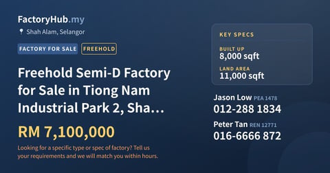 Factory For Sale - Freehold Semi-D Factory for Sale in Tiong Nam Industrial Park 2, Shah Alam - Shah Alam, Selangor