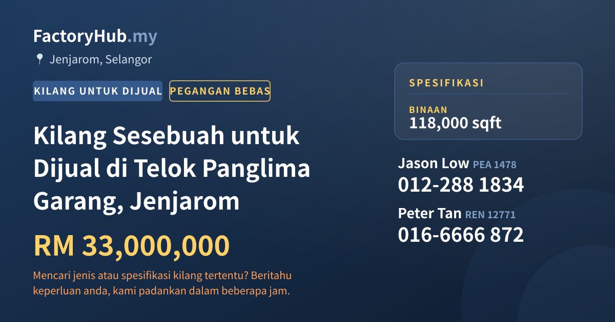 Kilang Untuk Dijual - Kilang Sesebuah untuk Dijual di Telok Panglima Garang, Jenjarom - Jenjarom, Selangor