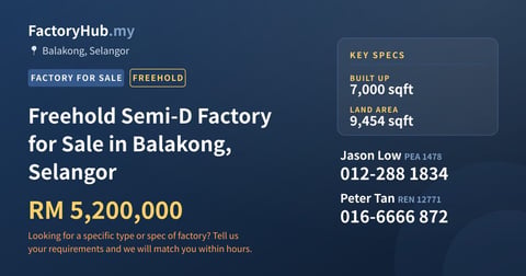 Factory For Sale - Freehold Semi-D Factory for Sale in Balakong, Selangor - Balakong, Selangor