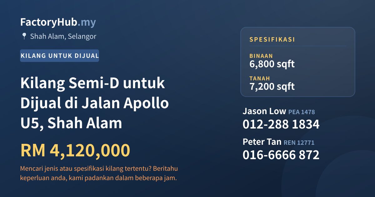Kilang Untuk Dijual - Kilang Semi-D untuk Dijual di Jalan Apollo U5, Shah Alam - Shah Alam, Selangor