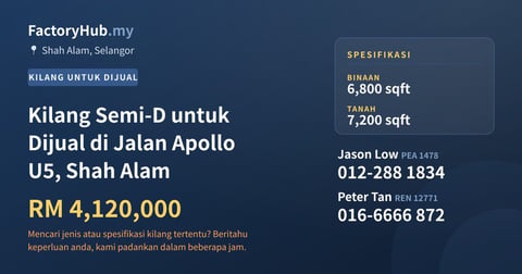 Kilang Untuk Dijual - Kilang Semi-D untuk Dijual di Jalan Apollo U5, Shah Alam - Shah Alam, Selangor