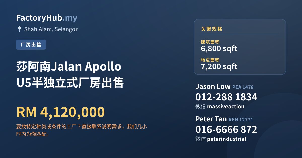 工厂 出售 - 莎阿南Jalan Apollo U5半独立式厂房出售 - Shah Alam, Selangor