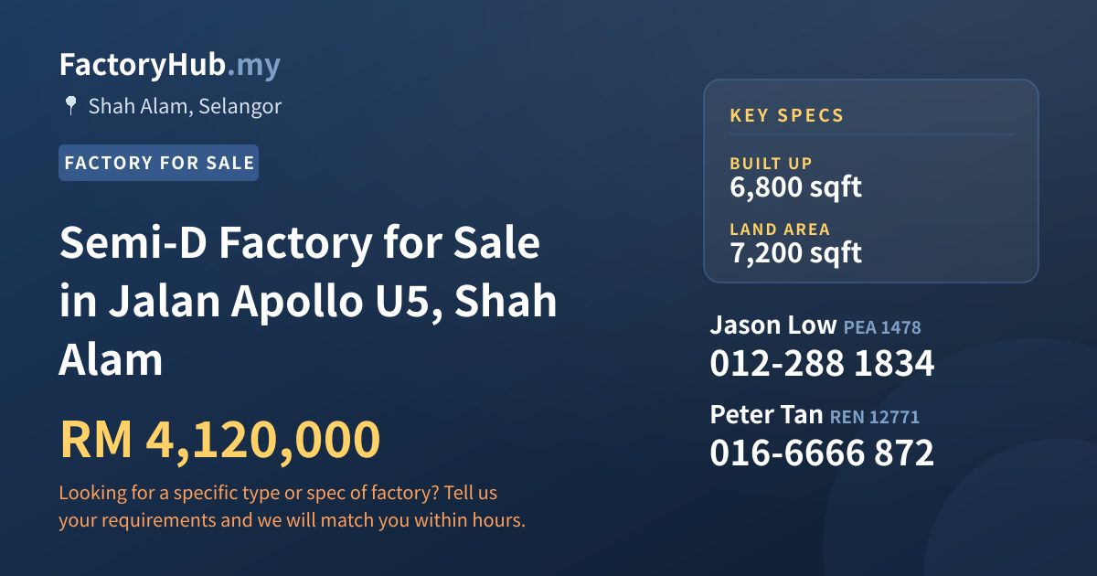 Factory For Sale - Semi-D Factory for Sale in Jalan Apollo U5, Shah Alam - Shah Alam, Selangor