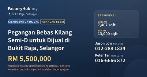 Kilang Untuk Dijual - Pegangan Bebas Kilang Semi-D untuk Dijual di Bukit Raja, Selangor - Bukit Raja, Selangor