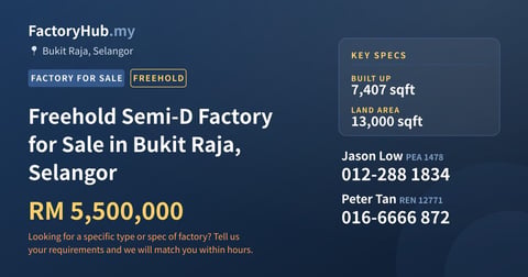 Factory For Sale - Freehold Semi-D Factory for Sale in Bukit Raja, Selangor - Bukit Raja, Selangor