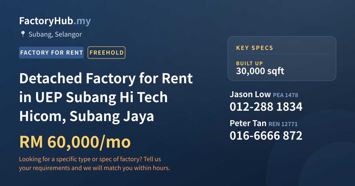 Factory For Rent - Detached Factory for Rent in UEP Subang Hi Tech Hicom, Subang Jaya - Subang, Selangor