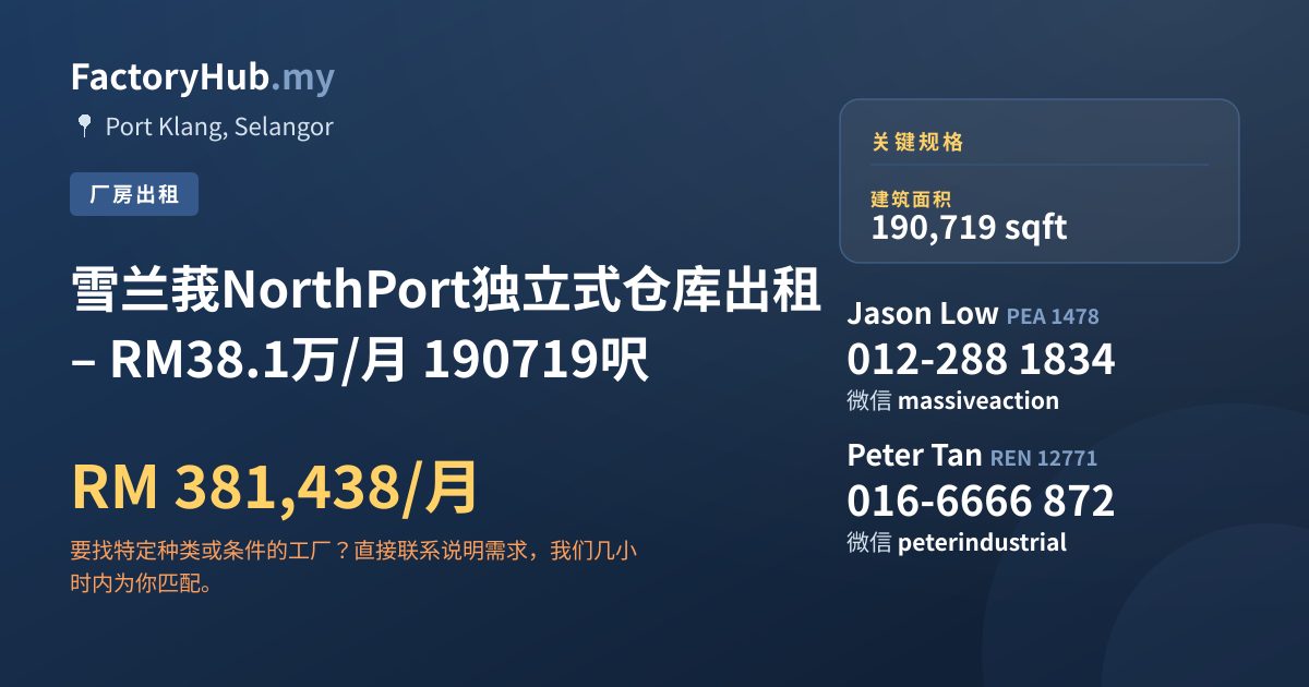 工厂 出租 - 雪兰莪NorthPort独立式仓库出租 – RM38.1万/月 190719呎 - Port Klang, Selangor