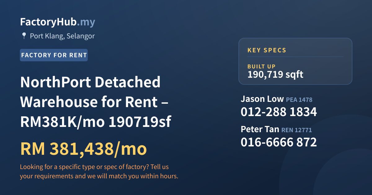 Factory For Rent - NorthPort Detached Warehouse for Rent – RM381K/mo 190719sf - Port Klang, Selangor