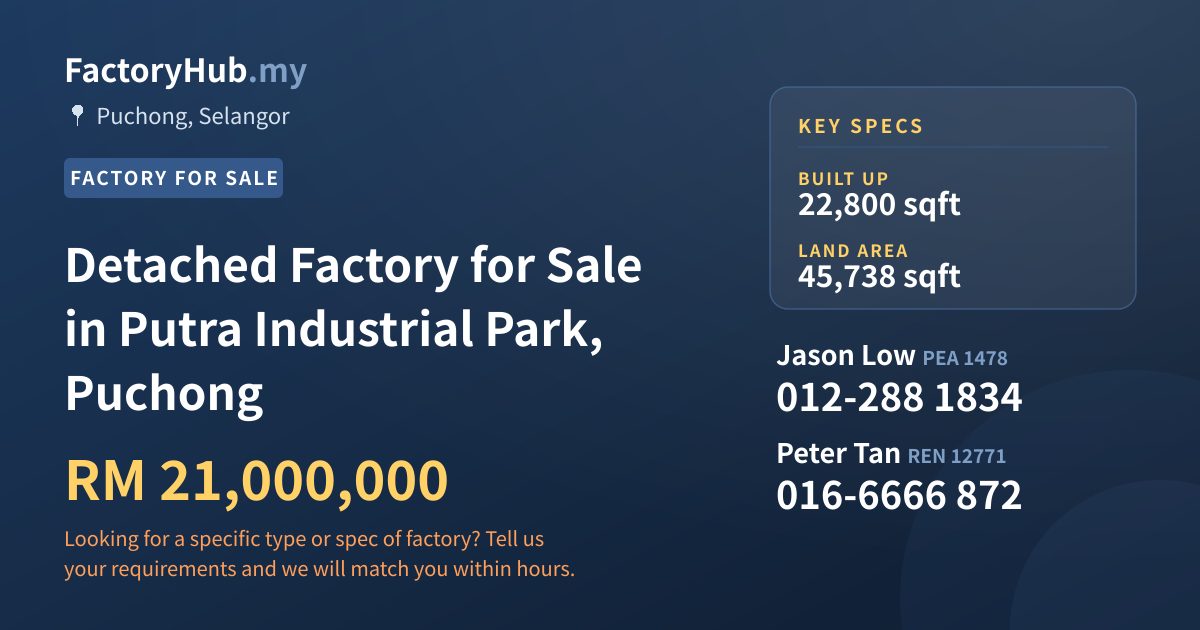 Factory For Sale - Detached Factory for Sale in Putra Industrial Park, Puchong - Puchong, Selangor