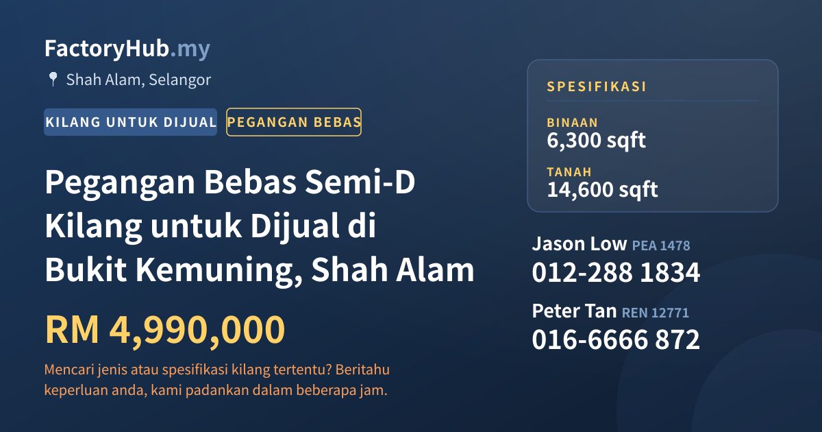 Kilang Untuk Dijual - Pegangan Bebas Semi-D Kilang untuk Dijual di Bukit Kemuning, Shah Alam - Shah Alam, Selangor
