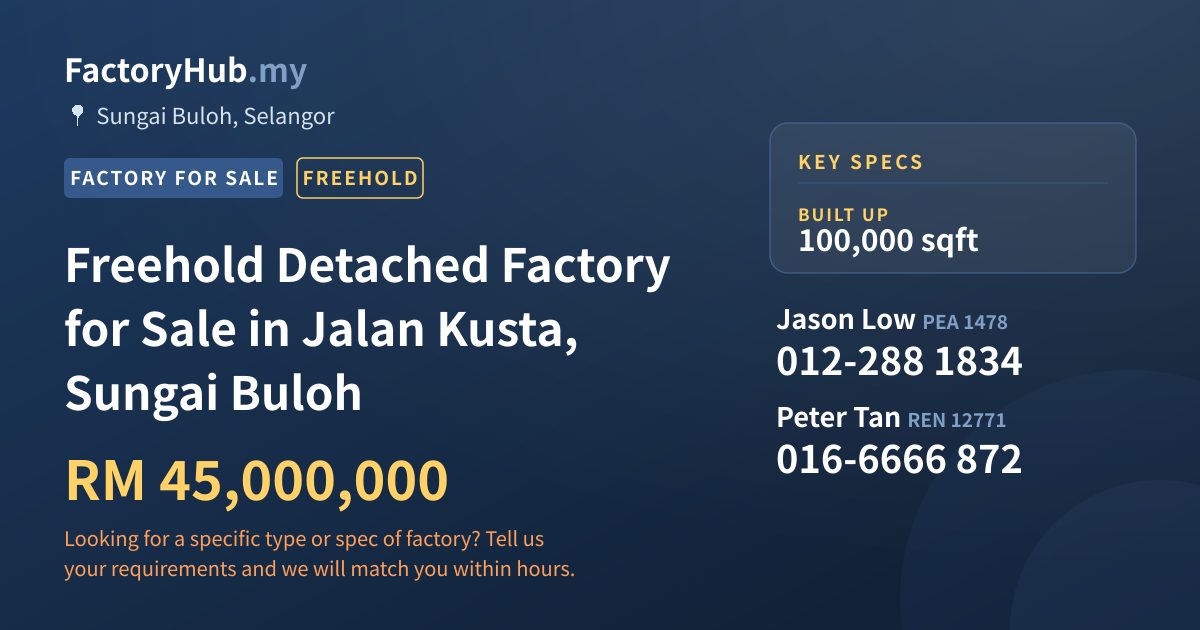 Factory For Sale - Freehold Detached Factory for Sale in Jalan Kusta, Sungai Buloh - Sungai Buloh, Selangor