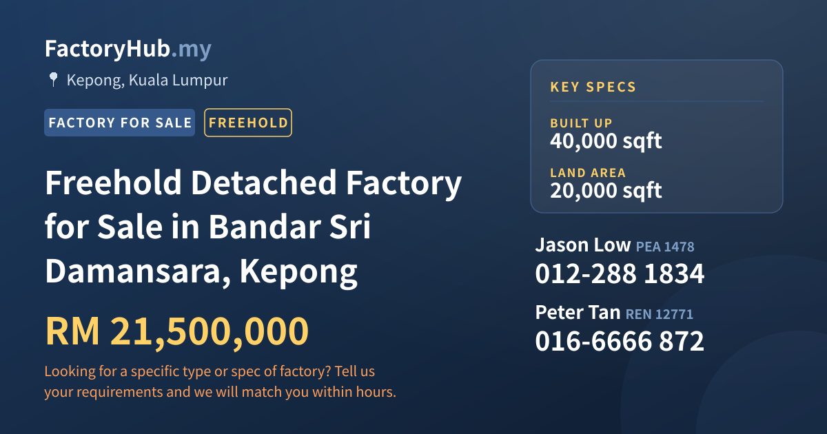 Factory For Sale - Freehold Detached Factory for Sale in Bandar Sri Damansara, Kepong - Kepong, Kuala Lumpur