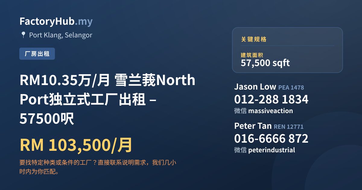 工厂 出租 - RM10.35万/月 雪兰莪North Port独立式工厂出租 – 57500呎 - Port Klang, Selangor
