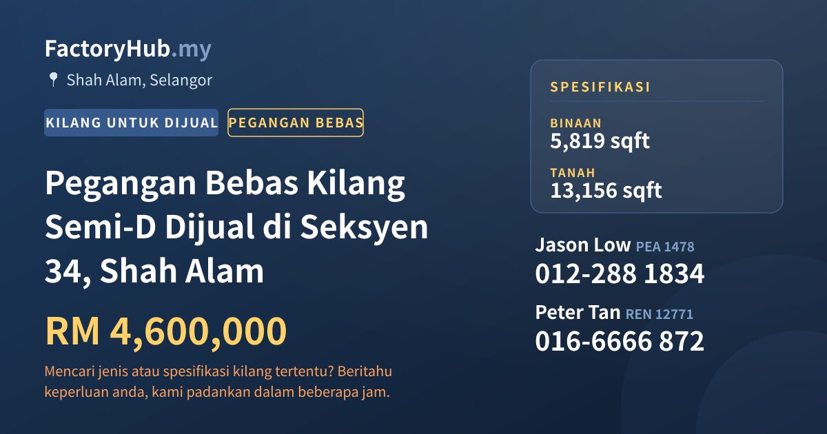 Kilang Untuk Dijual - Pegangan Bebas Kilang Semi-D Dijual di Seksyen 34, Shah Alam - Shah Alam, Selangor