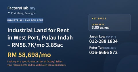 Land For Rent - Industrial Land for Rent in West Port, Pulau Indah – RM58.7K/mo 3.85ac - Port Klang, Selangor