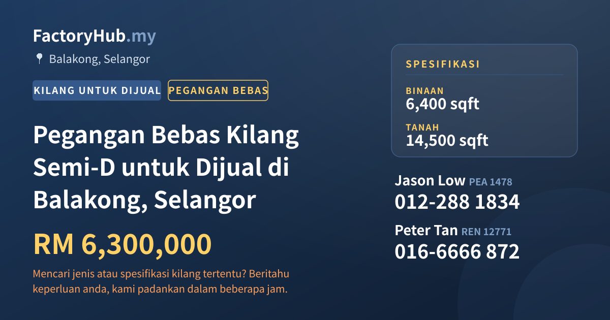 Kilang Untuk Dijual - Pegangan Bebas Kilang Semi-D untuk Dijual di Balakong, Selangor - Balakong, Selangor