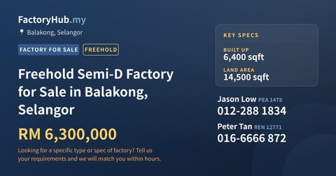 Factory For Sale - Freehold Semi-D Factory for Sale in Balakong, Selangor - Balakong, Selangor