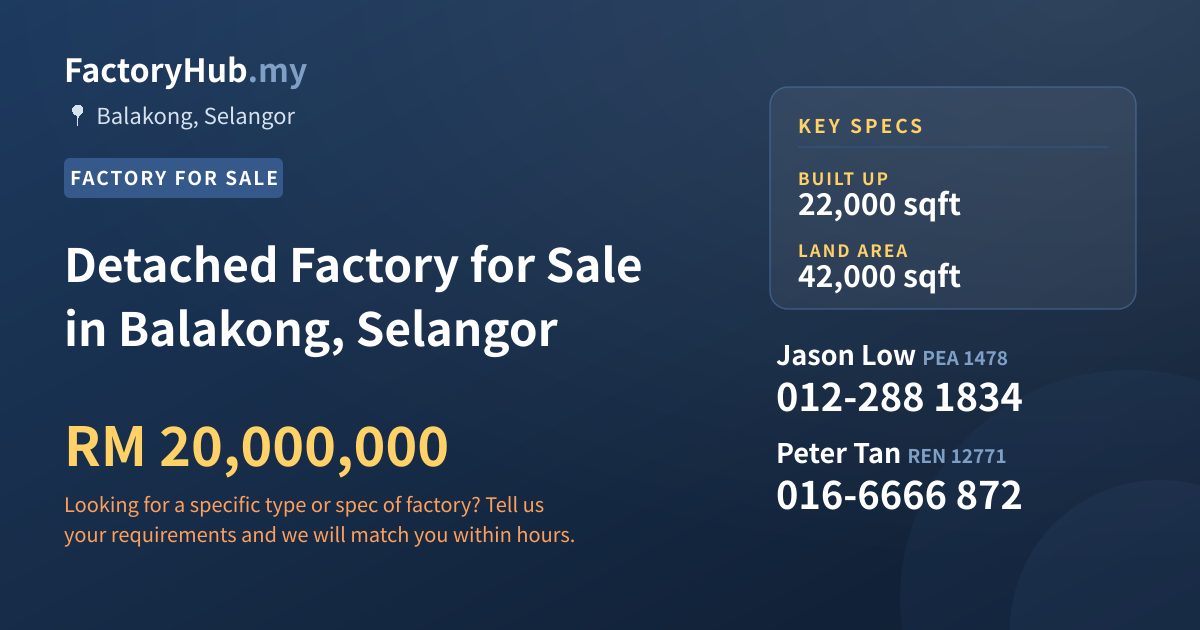Factory For Sale - Detached Factory for Sale in Balakong, Selangor - Balakong, Selangor