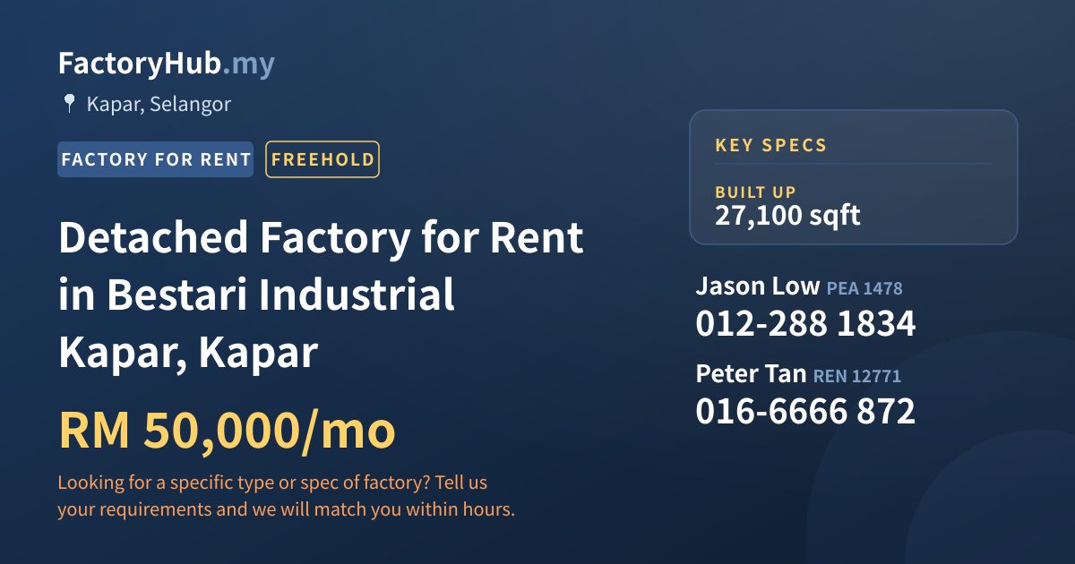 Factory For Rent - Detached Factory for Rent in Bestari Industrial Kapar, Kapar - Kapar, Selangor