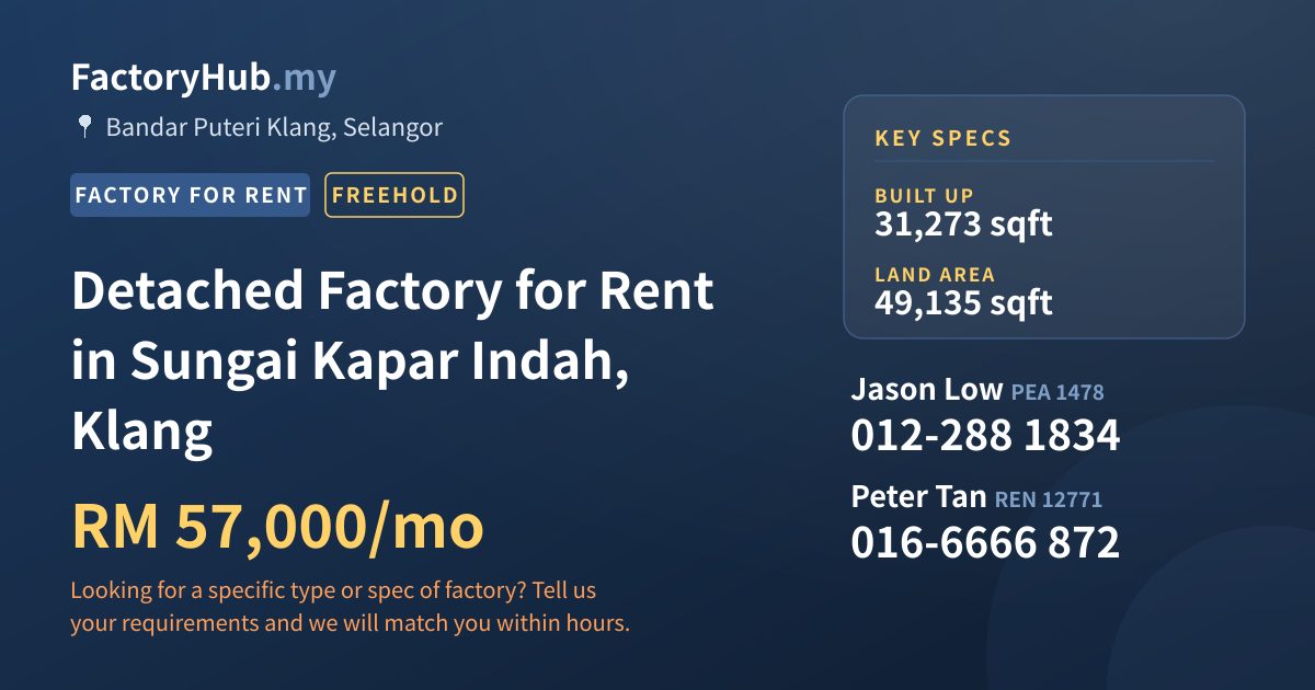 Factory For Rent - Detached Factory for Rent in Sungai Kapar Indah, Klang - Bandar Puteri Klang, Selangor