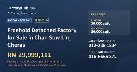 Factory For Sale - Freehold Detached Factory for Sale in Chan Sow Lin, Cheras - Cheras, Kuala Lumpur