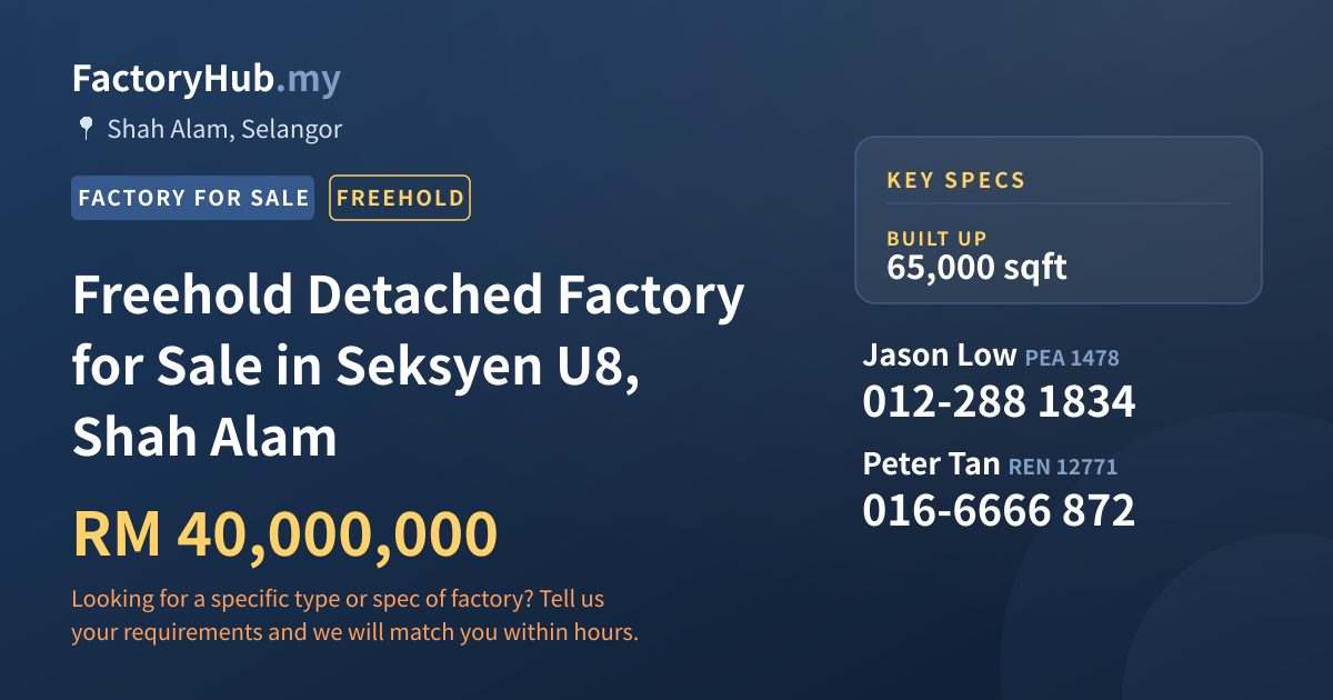 Factory For Sale - Freehold Detached Factory for Sale in Seksyen U8, Shah Alam - Shah Alam, Selangor