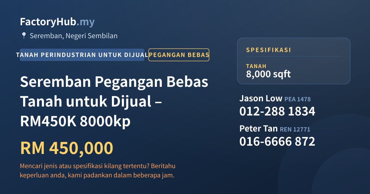 Tanah Untuk Dijual - Seremban Pegangan Bebas Tanah untuk Dijual – RM450K 8000kp - Seremban, Negeri Sembilan