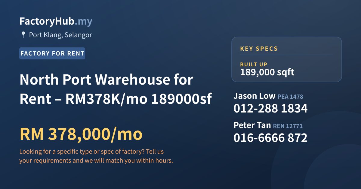 Factory For Rent - North Port Warehouse for Rent – RM378K/mo 189000sf - Port Klang, Selangor