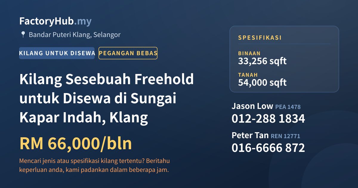 Kilang Untuk Disewa - Kilang Sesebuah Freehold untuk Disewa di Sungai Kapar Indah, Klang - Bandar Puteri Klang, Selangor