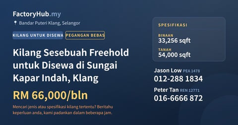 Kilang Untuk Disewa - Kilang Sesebuah Freehold untuk Disewa di Sungai Kapar Indah, Klang - Bandar Puteri Klang, Selangor