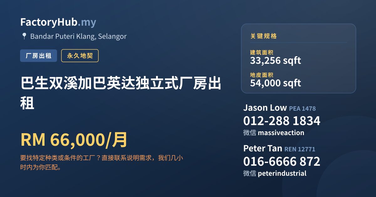工厂 出租 - 巴生双溪加巴英达独立式厂房出租 - Bandar Puteri Klang, Selangor